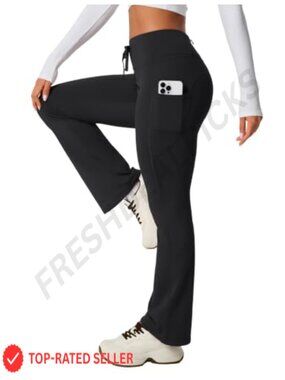 Fleece Lined Thermal Flare Leggings with Pockets High Rise Yoga Pants